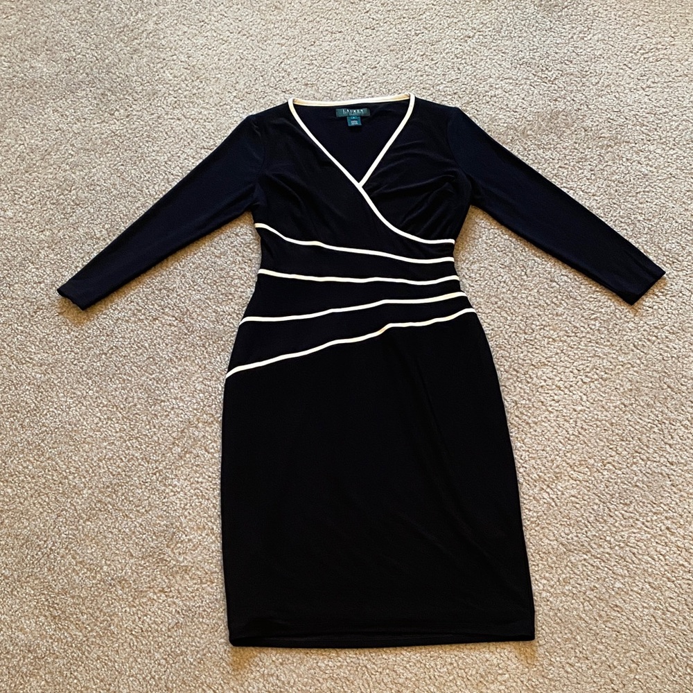 Ralph Lauren Black Long-Sleeve Faux-Wrap Dress with Cream Trim